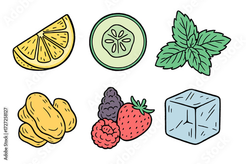 Assortment of fresh cocktail ingredients and garnishes including lemon, cucumber, mint, ginger, mixed berries, and ice
