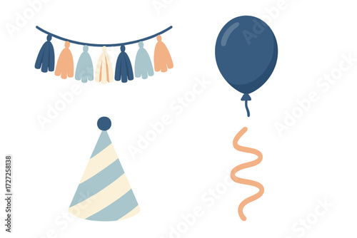 Vibrant collection of festive party celebration elements including a balloon, striped hat, tassel garland, and curling streamer