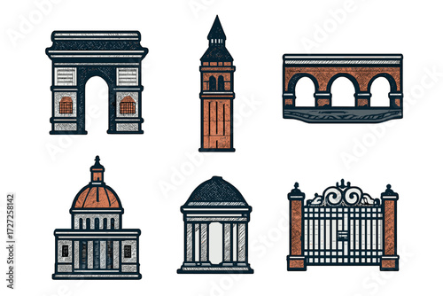 Architectural landmarks set featuring famous historical buildings and global monuments in stylized form