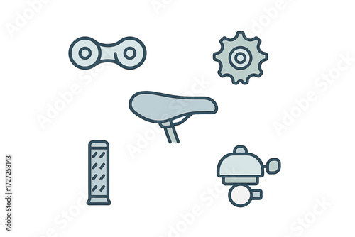 Essential bicycle components and accessories set featuring chain, gear, saddle, handlebar grip, and bell icons