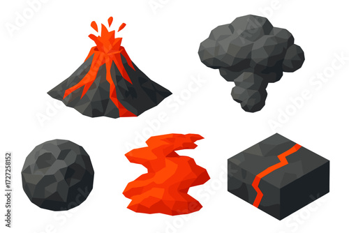Geometric low poly volcano eruption elements set featuring smoke, flowing lava, and various rock formations