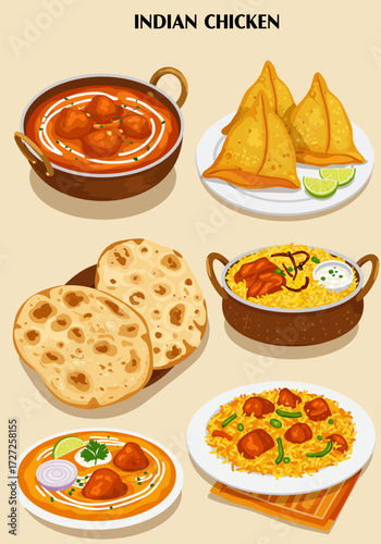 Assortment of illustrated Indian chicken dishes naan and samosas