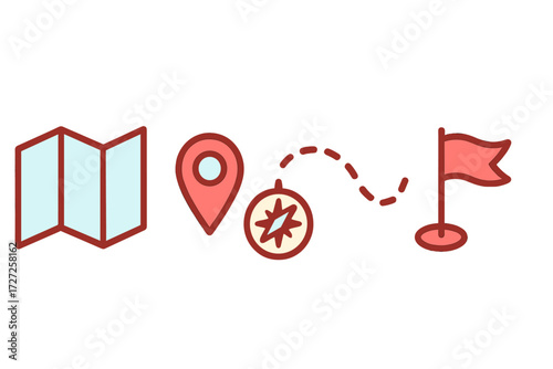 Essential navigation and travel set featuring a folded map, a precise location pin, a directional compass, and a final destination flag