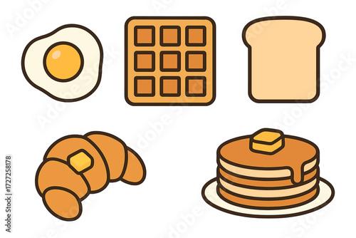 Variety of classic morning breakfast foods featuring fried egg waffle toast croissant and stack of pancakes with butter and syrup