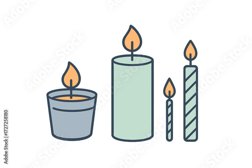 Illuminated candles in various shapes, including votive, pillar, and taper, each with a vibrant burning flame, perfect for diverse occasions