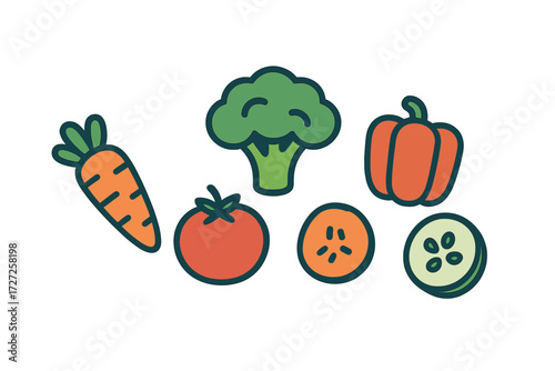 Colorful collection of fresh organic vegetables including carrot, broccoli, tomato, bell pepper, and cucumber slices