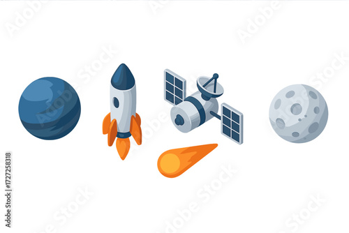 Isometric space exploration elements including a rocket, satellite, distant planet, moon, and a bright comet
