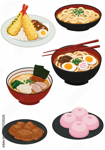 Assortment of Japanese dishes including tempura ramen udon karaage and mochi
