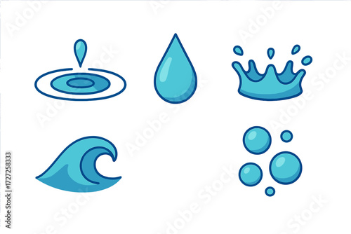 Stylized water elements collection featuring drops, ripples, waves, splashes, and effervescent bubbles