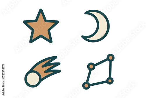 Cosmic symbols and celestial objects including shining star, crescent moon, streaking comet, and geometric constellation
