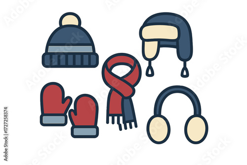 Collection of winter clothing accessories including warm hats, a cozy scarf, mittens, and earmuffs for cold weather