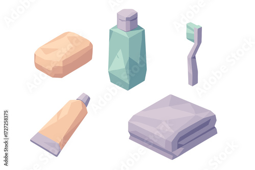 Isometric low poly personal hygiene items set including soap, shampoo, toothpaste, toothbrush, and towel