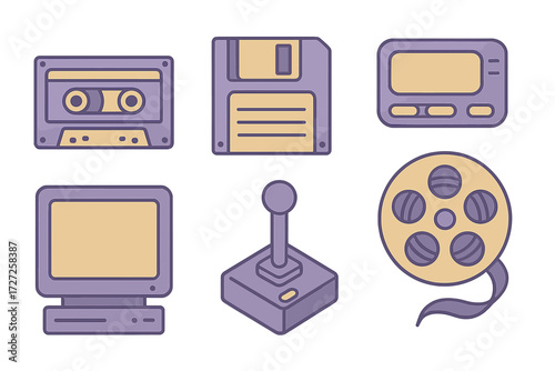 Retro technology icons set featuring vintage electronic devices and classic media formats from past decades