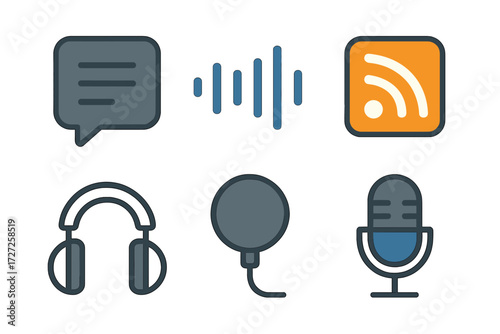 Modern digital communication and audio broadcasting symbols for online content creation, podcasting, and media production