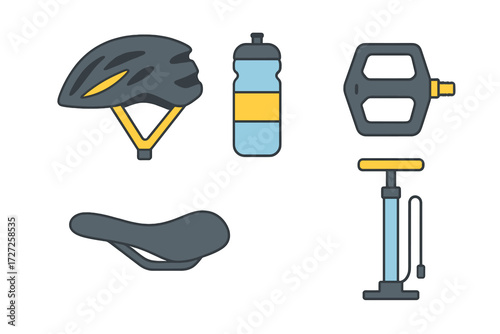 Essential cycling gear and bicycle accessories set: helmet, water bottle, pedal, saddle, and pump