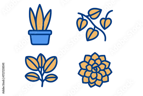 Collection of diverse botanical elements featuring a potted plant, leafy branches, and succulent rosette forms