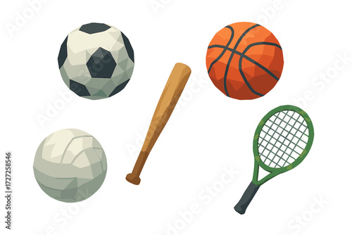 Assortment of popular sports equipment featuring soccer, basketball, volleyball, baseball bat, and tennis racket