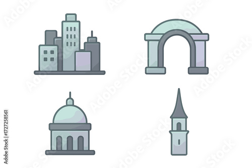 Diverse architectural landmarks and city buildings with modern cityscape, ancient arch, classical dome, and tall spire
