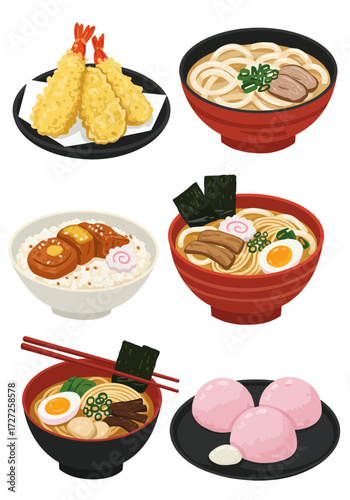 Assortment of six illustrated Japanese dishes including tempura udon ramen and rice bowls