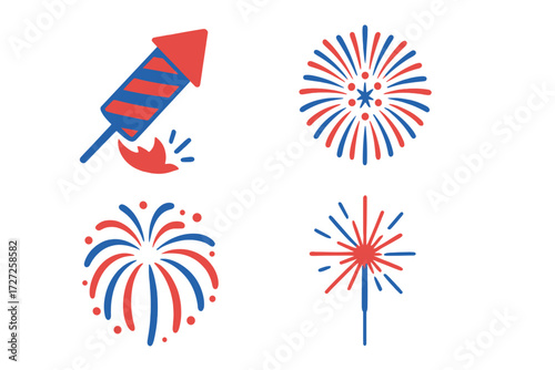 Collection of red and blue fireworks and firecracker icons for patriotic celebrations and festive events