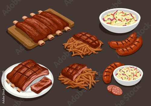 Barbecue feast illustration featuring ribs pulled pork sausages and coleslaw