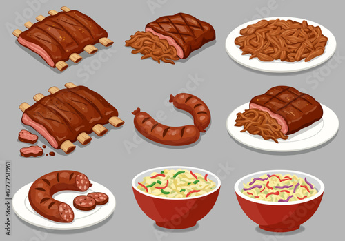 Barbecue platter illustration with ribs pulled pork sausage and coleslaw