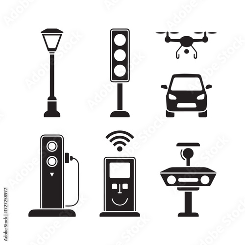 Vector art of smart city elements including street lamp, traffic light, drone, electric car, charging station, and smart kiosk