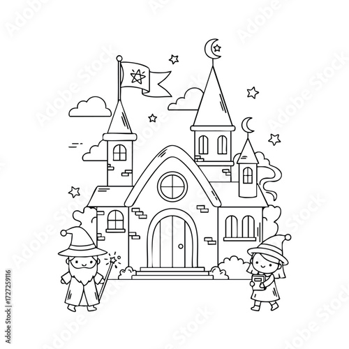 A whimsical scene featuring a magical castle with two characters dressed as wizards, surrounded by clouds and stars.