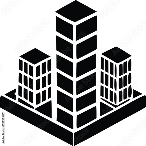 Modern isometric cityscape with three tall buildings representing urban development business growth and architectural design