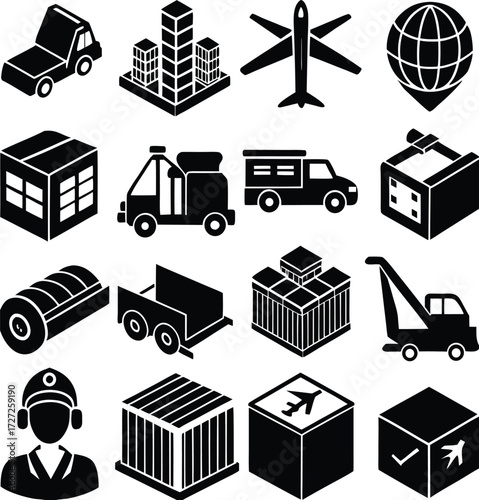 Diverse logistics and shipping icons set transport vehicles cargo containers global delivery symbols isolated objects representing supply chain and freight.