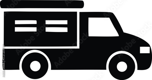 Simple silhouette of a camper van or truck with a sleeping pod ideal for travel adventure and outdoor living