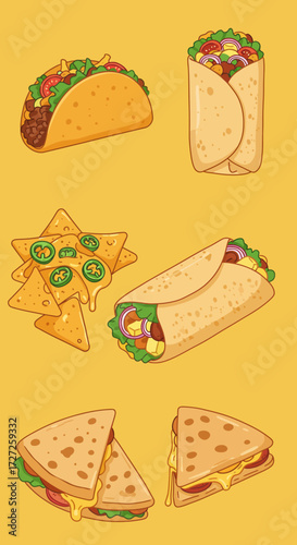 Cartoon illustration of taco burrito nachos and quesadilla on yellow background