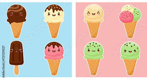 Cute illustrated ice cream treats displayed on blue and pink backgrounds