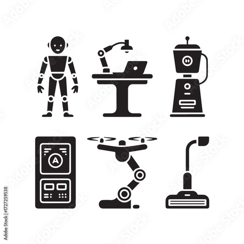 Vector art of variety of robot and drone icons, illustrating artificial intelligence, automation, and cuttingedge technology