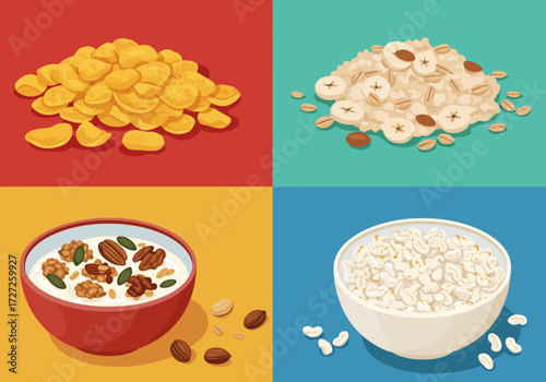 Four panels display cornflakes oatmeal with banana yogurt with nuts and puffed rice