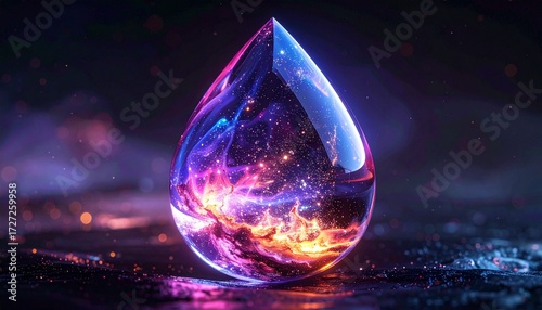Glimmering cosmic essence encapsulated within a single, futuristic droplet, revealing intricate fractal light patterns against a dark, mystical background