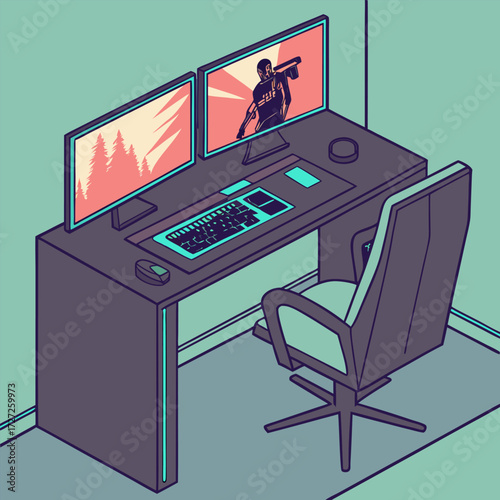 Modern gaming setup with dual monitors, keyboard, mouse, and chair in a cozy room