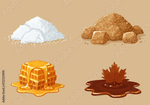 Four piles of sweeteners white sugar brown sugar cubes honey on a waffle and maple syrup with a leaf