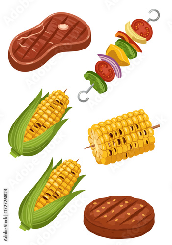 Grilled steak vegetable skewer and corn on the cob illustrations