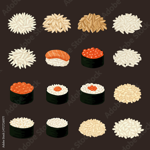 Grid of various types of rice and different sushi pieces on a dark background