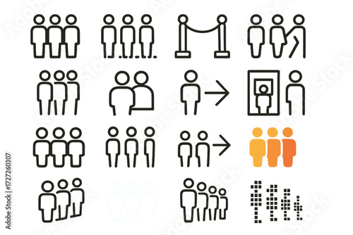 Queue Line Icons. Queue Line Basics set of icons in abstract flat : people standing in line, dotted line with figures, rope barrier with posts,