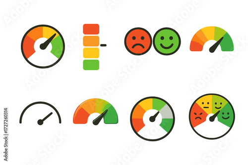 Colorful Mood Meters. Basic Mood Meters set of icons in abstract flat : circular mood meter with colors, vertical mood meter with levels, mood meter