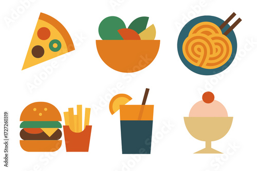 Dinner Icons. Casual Dinner set of icons in abstract flat : pizza slice, salad bowl, pasta plate, burger and fries, drink glass, dessert cup.