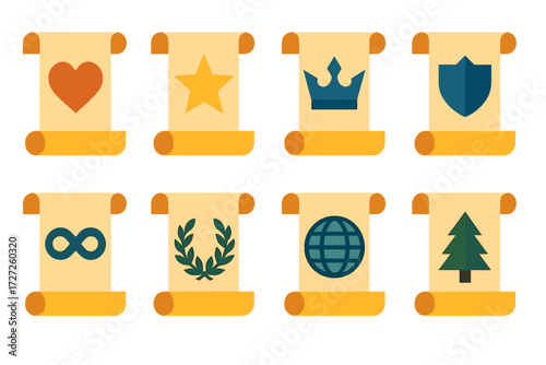 Symbolic Scroll Icons. Symbolic Year Scroll set of icons in abstract flat : scroll with heart, scroll with star, scroll with crown, scroll with