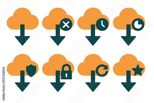 Cloud Icons. Cloud Indicators set of icons in abstract flat : cloud download with check, cloud download with cross, cloud download with clock, cloud