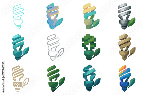 Eco light bulb silhouette icons set. featuring spiral, energy-efficient, leaf, pixel, and geometric designs