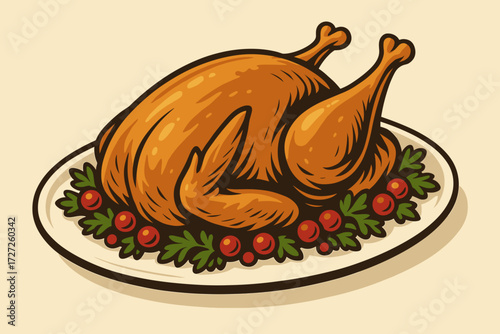 Roasted turkey on a decorative platter garnished with herbs and berries
