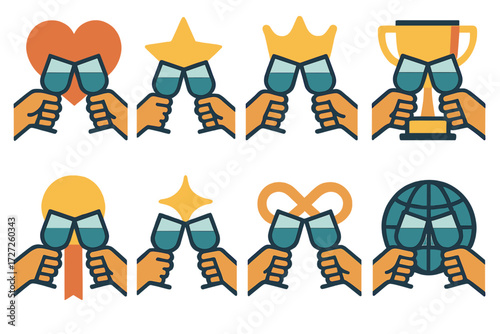 Cheers Icons. Symbolic Cheers set of icons in abstract flat : cheers with heart, cheers with star, cheers with crown, cheers with trophy, cheers