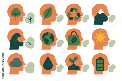 Eco Breath Icons. Eco Calm Breath set of icons in abstract flat : breath with tree, breath with leaf, breath with recycle symbol, breath with