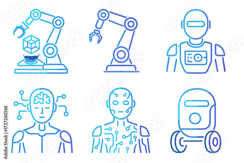 Robotics and ai neon linear icon set. featuring robot, ai, automation, neural network, cyborg, and drone symbols